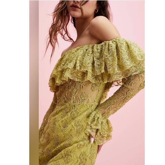 New FREE PEOPLE Retrofete Castella Dress $695 LARGE - US 8/10 Green BEADED LACE - Picture 2 of 10